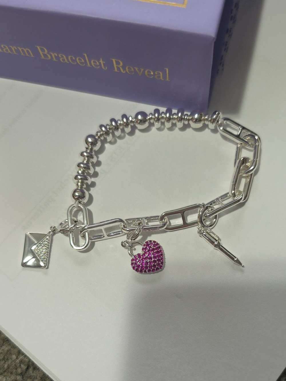 BP_Charmelier Silver Plating Charm Bracelet with Pink Crystal Heart Charm